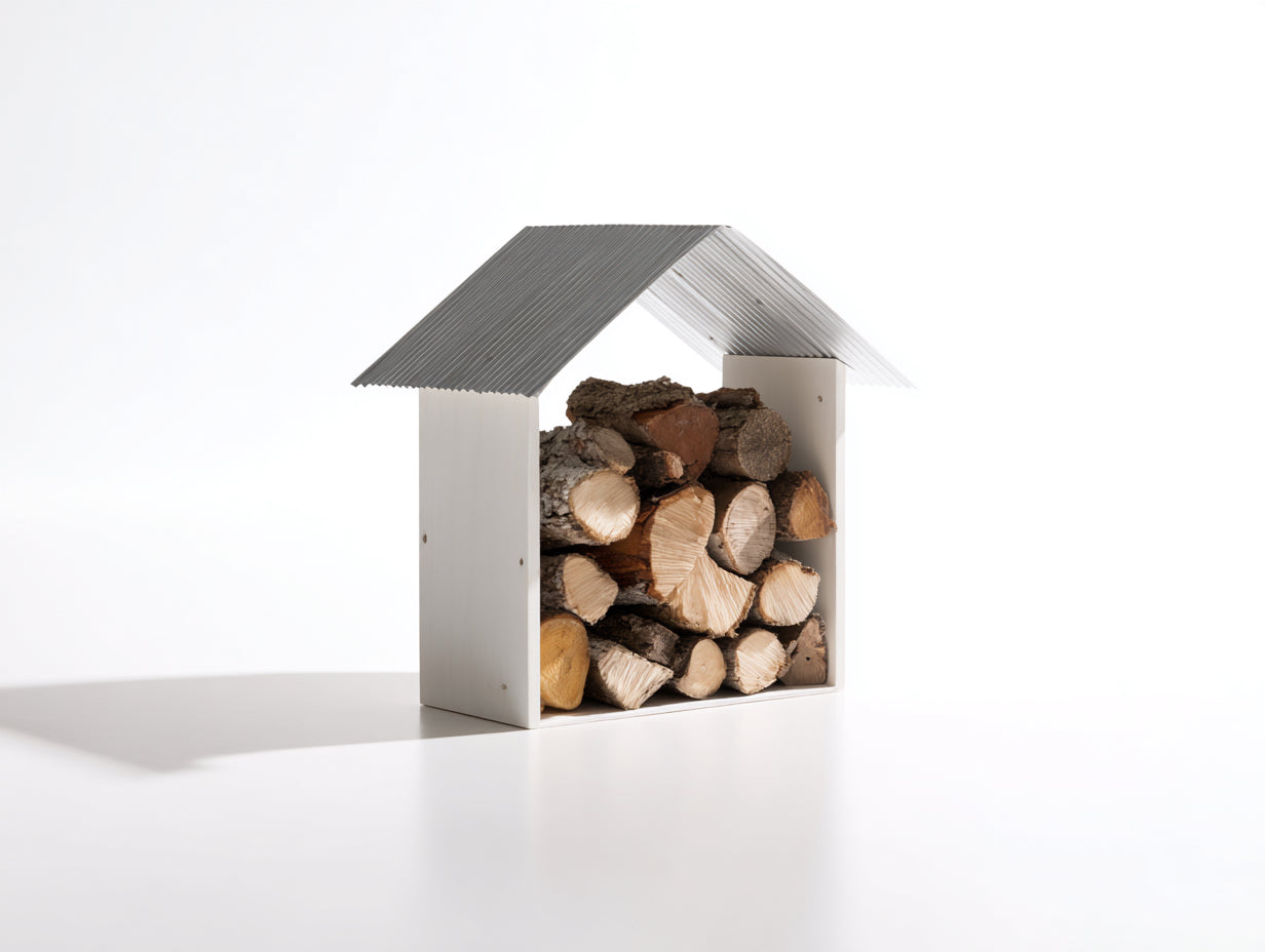 Abri à bûches - Bois-Métal - 110 x 55 x 140 cm - Blanc-Gris - Style minimaliste
