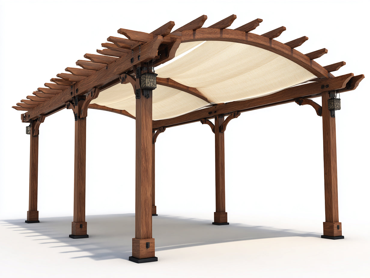 Tonnelle de jardin - Bois-métal-toile - 400 x 300 x 270 cm - Brun naturel-Écru - Style rustique avec toit arqué