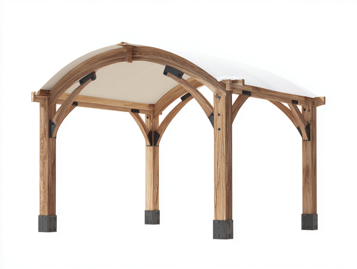 Tonnelle de jardin - Bois-métal-toile - 400 x 300 x 270 cm - Brun naturel-Écru - Style rustique à toit arqué
