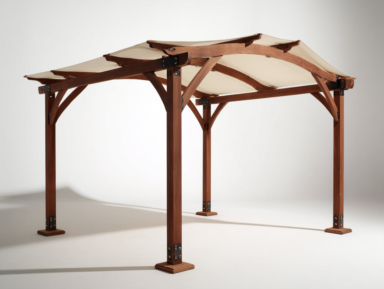 Tonnelle de jardin - Bois-métal-toile - 400 x 300 x 270 cm - Brun naturel-Écru - Style contemporain à toit tendu