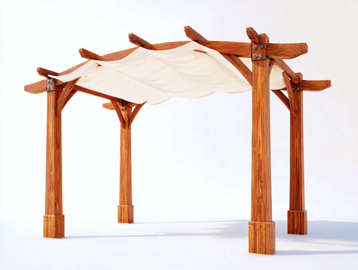 Tonnelle de jardin - Bois-toile-métal - 400 x 300 x 270 cm - Brun naturel-Écru - Style rustique à toit en toile