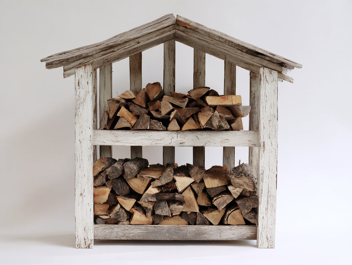 Abri à bûches - Bois - 100 x 45 x 150 cm - Blanc vieilli-Bois naturel - Style rustique à toit à deux pans