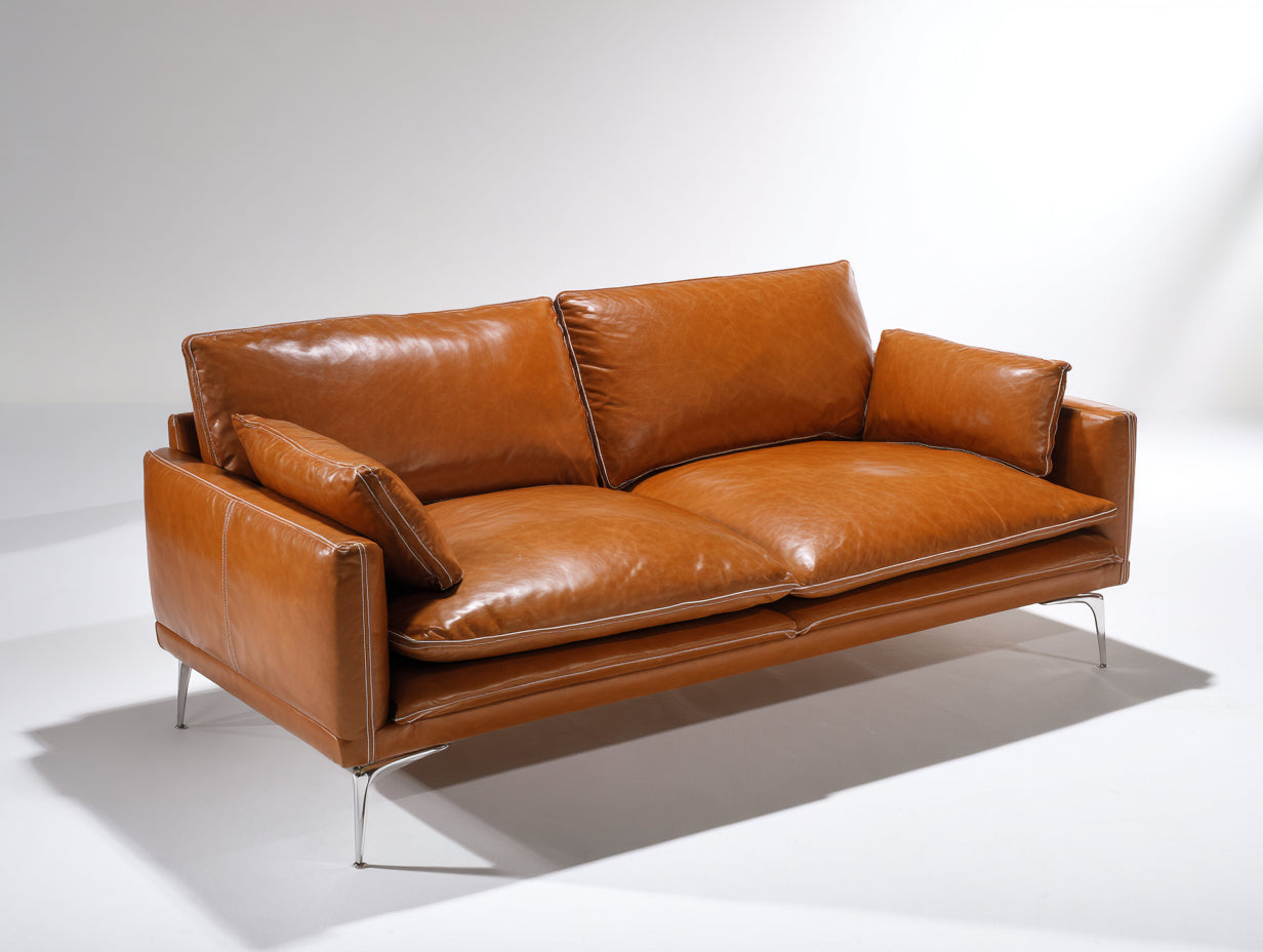 Canapé droit - Cuir synthétique - 240 x 95 x 85 cm - Marron - Style contemporain