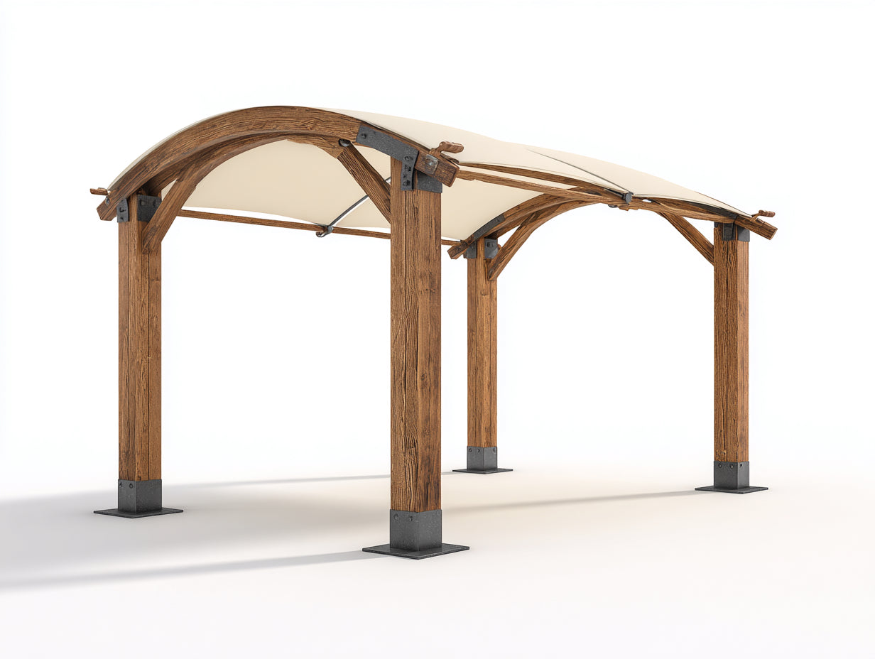 Tonnelle de jardin - Bois-métal-toile - 400 x 300 x 270 cm - Brun naturel-Écru - Style moderne à toit arqué