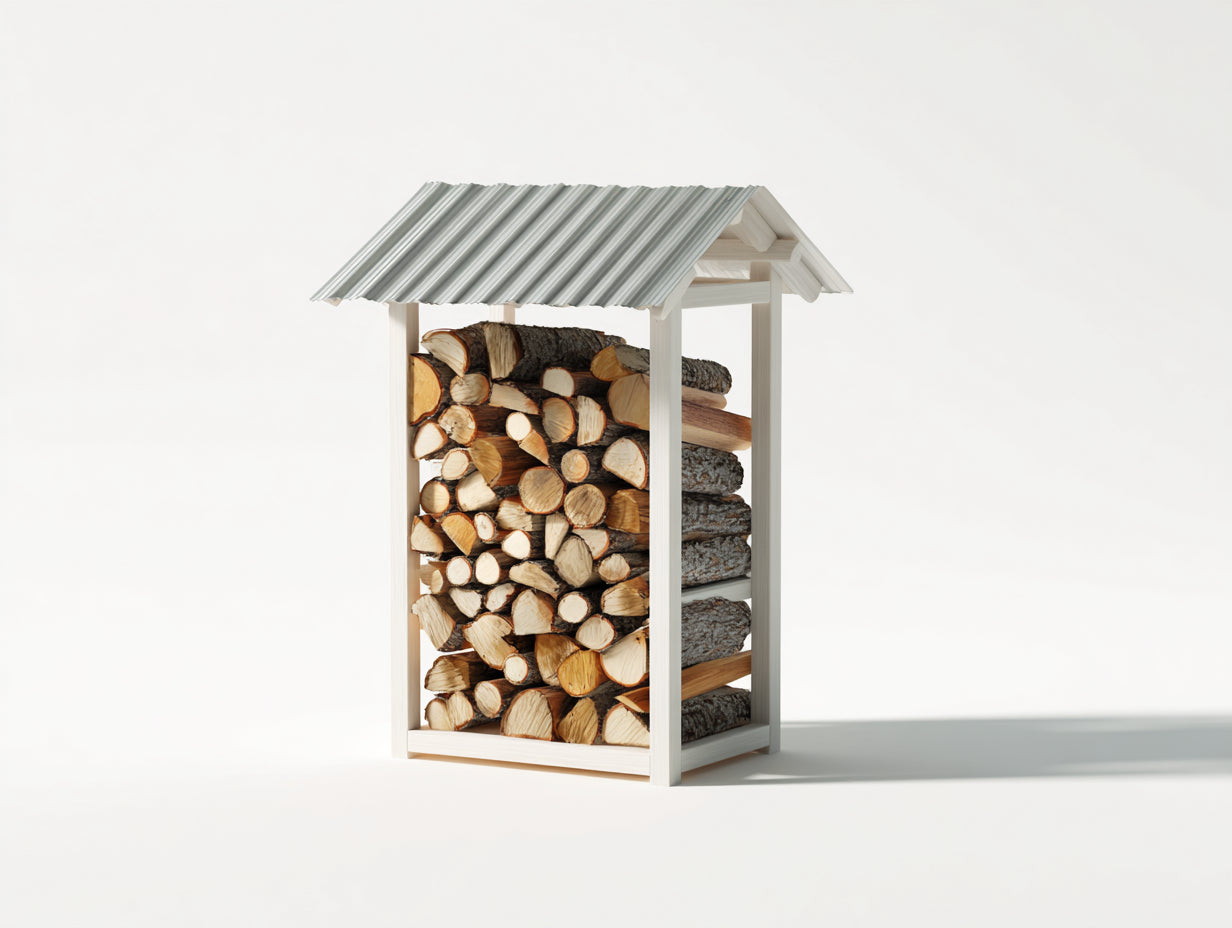 Abri à bûches - Bois-Métal - 120 x 60 x 160 cm - Blanc-Gris - Style chalet